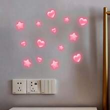 1pc Glow-In-The-Dark Pink Heart & Star Stickers, Luminous Celestial Wall Decals, Decoration For Children's Bedroom, Romantic Nursery - Multicolor - View 7