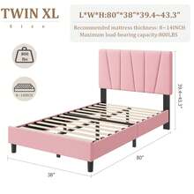 Base de Cama Plataforma con Cabecera Tapizada de Lino Ajustable, Soporte de Listones de Madera Resistentes, Sin Resorte de Caja Necesario y Montaje Fácil - Rosa-Twin XL - Ver 2