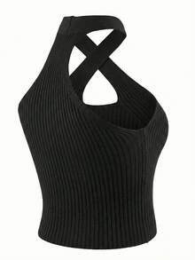 Women's Lightweight Elegant Criss-Cross V-Neck Spaghetti Strap Knit Camisole Top - Black - View 9