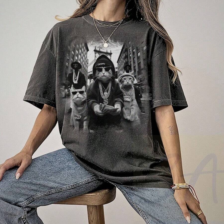 Co Mfort Co Lors Dope Gangsta Cat Graphic Shirts 80s Streetwear Vintage Acid Wash Oversized Tee - 黑色 - 查看 1