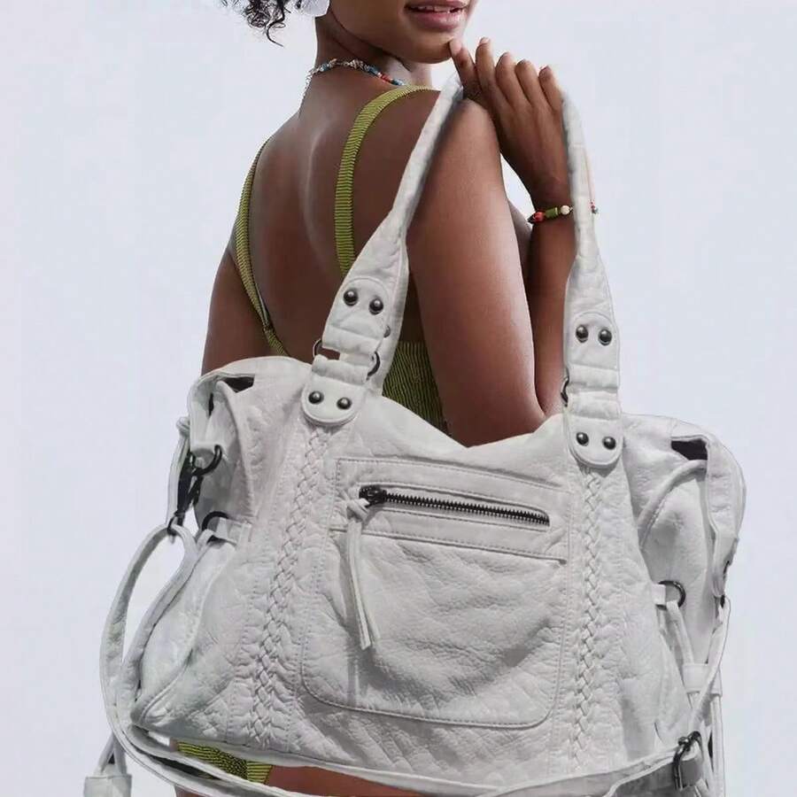 French Vintage Motorcycle Bag Shoulder Bag Crossbody Bag Large Capacity Ladies Bag Washed Bag - trắng - Xem 1