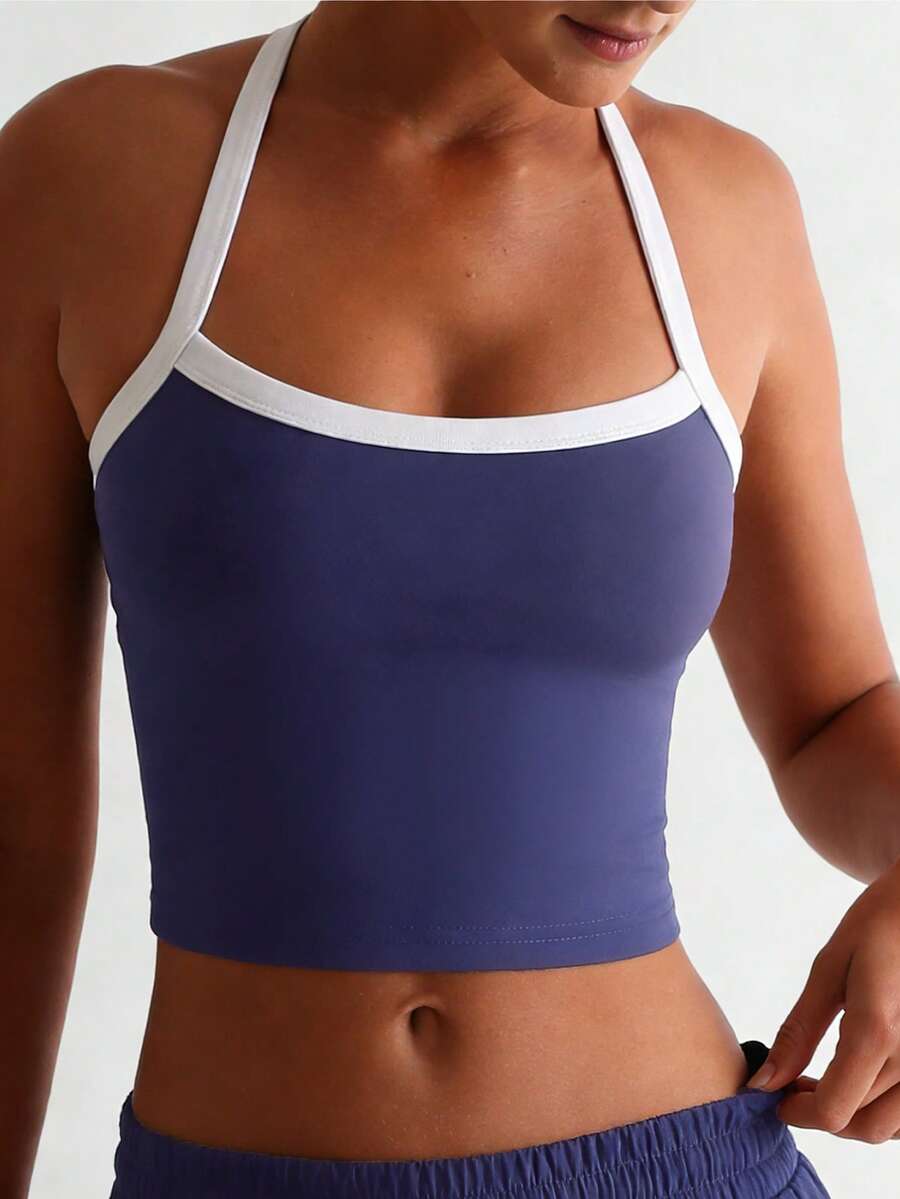 Áo croptop cổ yếm thể thao năng động phối màu tương phản thời trang mùa hè - Màu xanh lam - Xem 1