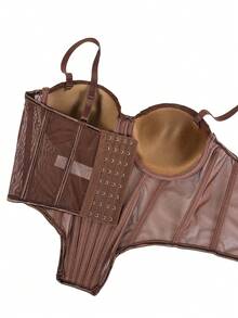 Women's Brown Cropped Camisole, Casual Backless Tank Top With Padded Bra, Mesh Skeleton Bodysuit For Party - Dark Brown - View 8