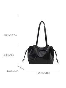 1pc Black Vintage Minimalist Solid Color PU Tote Bag, Large Capacity Women Shoulder Bag, Autumn/Winter - Black - View 6