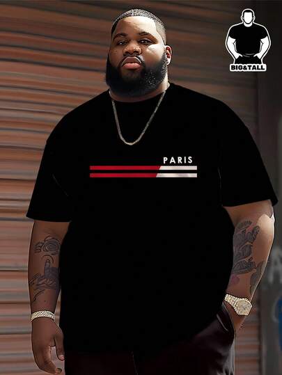 Plus Size Black Base PARIS Contrast Stripe T-Shirt | Red & White Horizontal Stripe Minimalist Luxury American Street Style Casual Short Sleeve Top Summer
