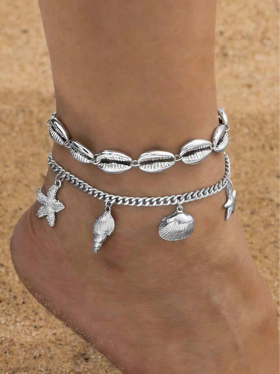 1 Set Fashionable Multi-Layer Chain & Shell Anklet, Women Summer Beach Holiday Gift - Silver - View 1