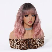 Tóc giả ngắn xoăn màu hồng gradient 16 inch dành cho nữ, có mái bằng, chất liệu tổng hợp, thích hợp sử dụng hàng ngày hoặc hóa trang. - Màu hồng ombre - Xem 3
