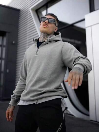 Men's Casual Solid Color Half-Zip Hoodie, Half-Zip Sports Sweatshirt, Long Sleeve Top, Spring/Autumn