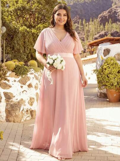 Plus Size Elegant V-Neck Ruched Bust Pink Bridesmaid Dress, Wedding Guest Formal Dress For Wedding Dinner, Birthday Party, Valentine's Day