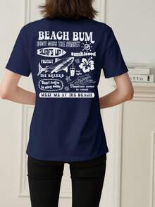 女士鲨鱼字母与波浪花卉印花圆领短袖休闲 T 恤，时尚百搭，适合春夏季 - 藏蓝色 - 查看 2