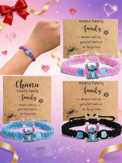 1pc Stitch Handmade Beaded Bracelet - Blue/Pink Synthetic Gemstones, Hemp Rope Design, Cute Cartoon Animal Pattern, Suitable For Girls 15+ - Everyday Accessory, Valentine's Day Gift - Creative Cute Party Decor, Ideal For Christmas, Valentine's Day, Birthday Gift