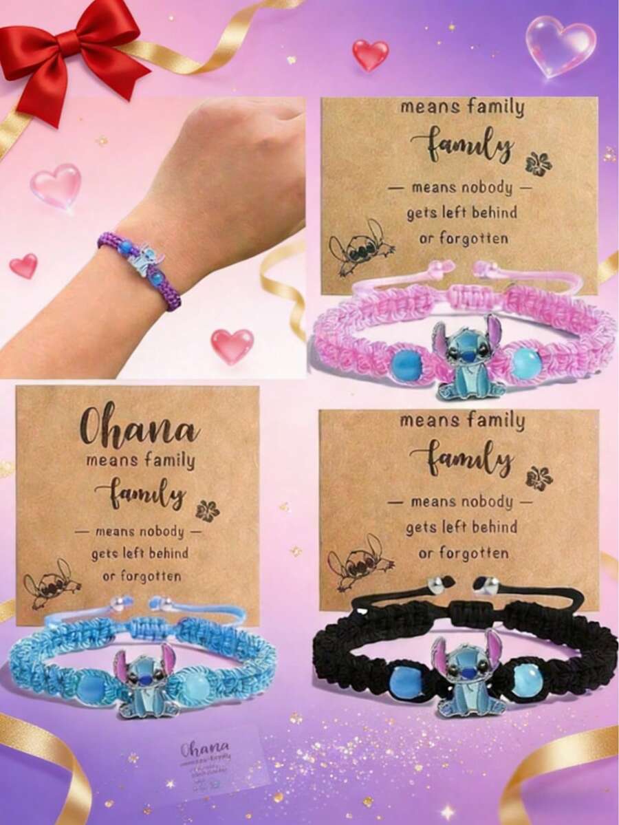 1件手工串珠手链 - 蓝/粉色合成宝石，麻绳设计，可爱卡通动物图案，适合15岁以上女孩 - 日常配饰，情人节礼物 - 创意可爱派对装饰，圣诞节、情人节、生日礼物的理想之选 - 彩色 - 查看 1