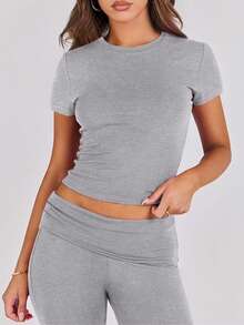Lounge Sets For Women 2 Piece Foldover Yoga Flare Leggings Pants Crop Tops Casual Y2K Outfits Matching Tracksuit Set - 灰色 - 查看 4