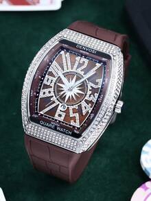 1pc Men's Luxury Starry Sky Barrel Shaped Watch With Silicone Strap - Bronze - View 2