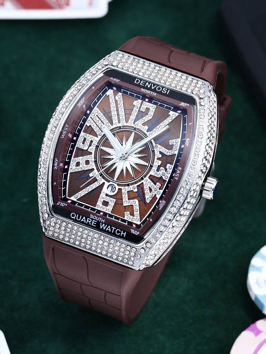 1pc Men's Luxury Starry Sky Barrel Shaped Watch With Silicone Strap