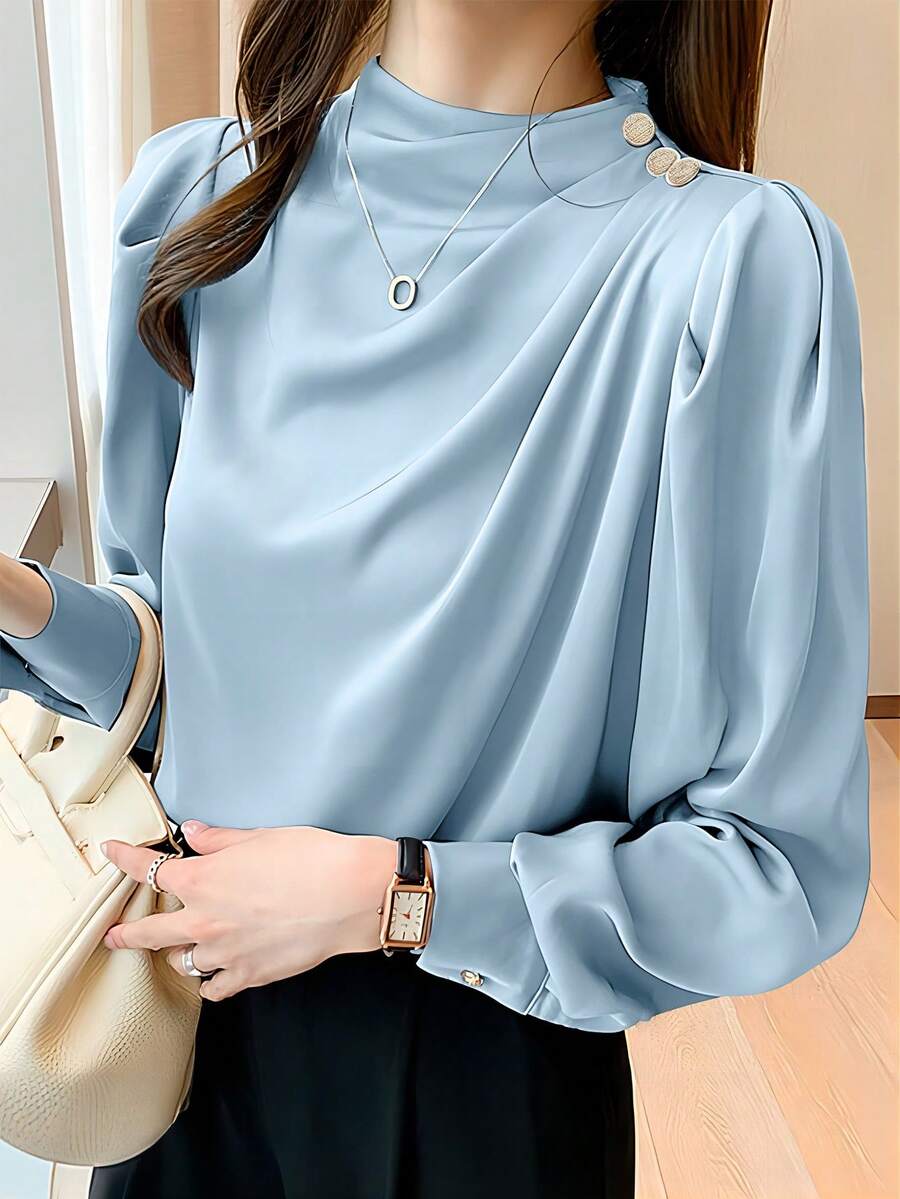 Women's Casual Commuter Shirt With Stand Collar, Pleated Design, And Princess Sleeves, Spring/Autumn - Baby Blue - View 1