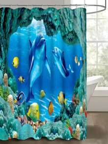 海豚图案浴帘套装，含12个挂钩的浴帘、防滑浴室垫、U型马桶垫、马桶垫、浴室配件 - MZ - 查看 13
