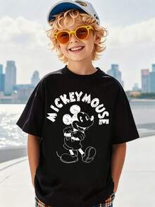 Disney Co-Branded Mickey Mouse Silhouette Print T-Shirt, Boys' Breathable Cotton Versatile Short Sleeve Top - 黑色 - 查看 1