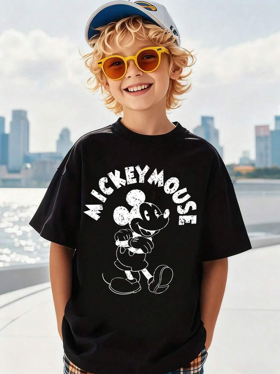 Disney Co-Branded Mickey Mouse Silhouette Print T-Shirt, Boys' Breathable Cotton Versatile Short Sleeve Top - 黑色 - 查看 1