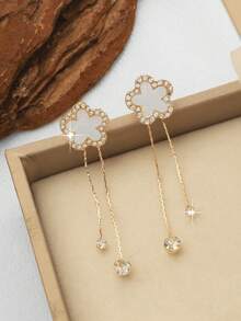 1 Pair Elegant Clover, Flower Stud Earrings With Rhinestone Tassel Pendant, Versatile & Fashionable For Women's Daily Wear - Gold - View 6