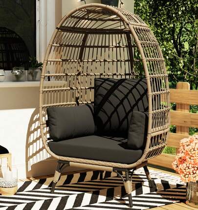 Sillón de ratán extragrande con forma de huevo para interior y exterior, con estructura de acero y 4 cojines para patio y porche, color negro.