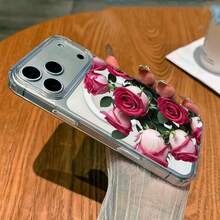 1pc Printed Red Rose Soft Edge Transparent Magnetic Phone Case, Anti-Oxidation And Non-Yellowing, Compatible With Apple 7, 8, XR, 11, 12 Pro, 13 Mini, 14 Plus, 15, 16, 17 Pro Max, Galaxy A05S, A15, A16, A25, A26, A36, A54, A56, S21 FE, S22 Plus, S23 Ultra, S24, S25 Plus, S26 Ultra - Clear - View 4