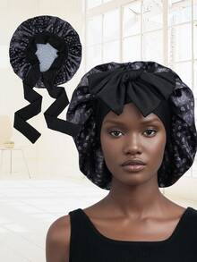 1 chiếc mũ ngủ bằng satin thắt nơ, màu trơn, co giãn, nhẹ, thích hợp cho nữ và bé gái, màu đen. - màu đen - Xem 3