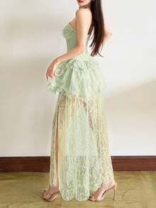 YeonC纯色派对高开衩至大腿蕾丝拼接褶皱蕾丝连衣裙 - 綠色 - 查看 8