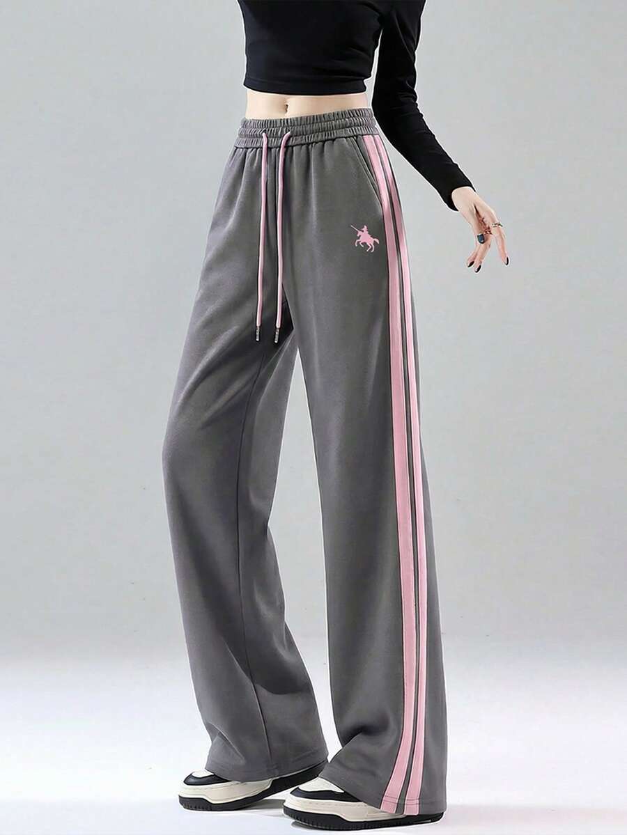 2026春秋款灰粉色直筒裤，新款印花图案，美式复古女式运动裤，高腰休闲宽松喇叭裤 - 1A55煙灰拼粉-1182粉 - 查看 1