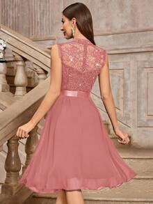 MIUSOL Sequin Floral Lace Sleeveless Ruffle Hem Party Swing Dress Wedding Spring - Dusty Pink - View 2