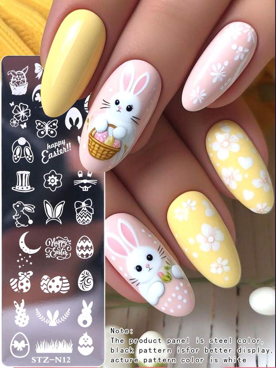 1件装复活节美甲模板，可爱兔子复活节彩蛋花朵设计学院美甲印花模板，DIY不锈钢美甲模板印花模具美甲工具 - 銀色 - 查看 1