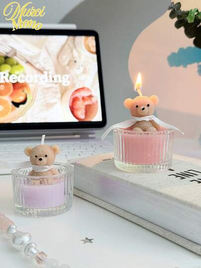 1/4支装豪华泰迪熊玻璃罐蜡烛 | 奶油色大豆蜡（白色/蓝色/粉色），配丝带 | 香氛家居装饰，送给女性/青少年生日的独特礼物，精美新娘送礼会和节日回礼
