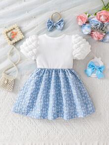 Đầm công chúa mùa hè thanh lịch màu xanh dương và trắng phối họa tiết, tay phồng và viền chân váy jacquard cho bé gái. - Xanh và trắng - Xem 2