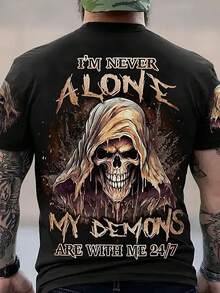 男士“我永远不会孤单，我的恶魔与我同在”骷髅印花短袖T恤 - 彩色 - 查看 9