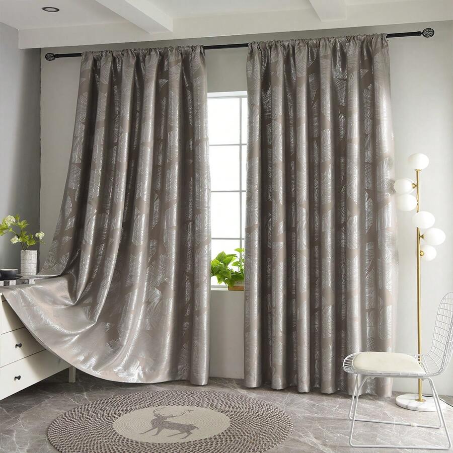 1pc European Minimalist Silver Foil Leaf Print Blackout Curtain - Multicolor - View 1