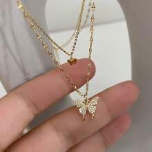 Bohemian Style Gold & Silver Double Layer Chain Butterfly Necklace, Creates A Casual Fashionable Look, Suitable For Women's Daily Outfit - Silver - View 8