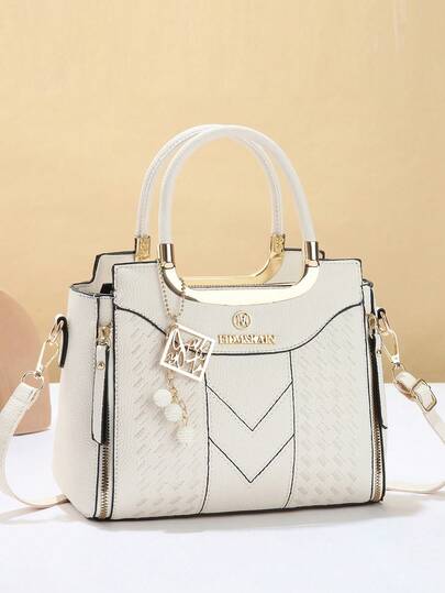 Elegant Embroidered Women's Handbag - With Detachable Shoulder Strap, Zipper Closure, Fade-Resistant In Lake Blue/White/Red/Black, Golden-Tone Hardware, Everyday Elegance | Handbag | Detachable Strap Bag