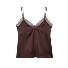 DEEKA Summer New Women's Fashion Sexy Lace & Satin Blouse - Brown - View 2