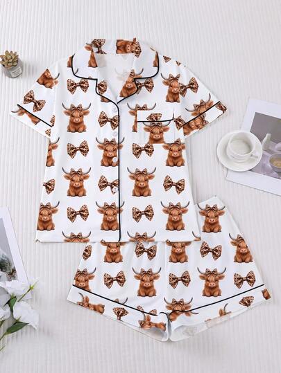 2pcs Spring/Summer Women Sleepwear Set, Leopard Print & Bow Tie Cute Style, Romantic Gift, Comfortable Shirt Collar Short Sleeve Top And Loose Elastic Shorts, Suitable For Parties, Casual Outdoor And Home Wear