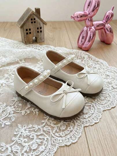 1 Pair Toddler Girls' Shallow Mouth Bow Pearl Leather Loafers, Soft Sole Anti-Slip Round Toe Vintage Mary Jane Shoes, Breathable Casual Shoes Suitable For Spring, Summer, Autumn