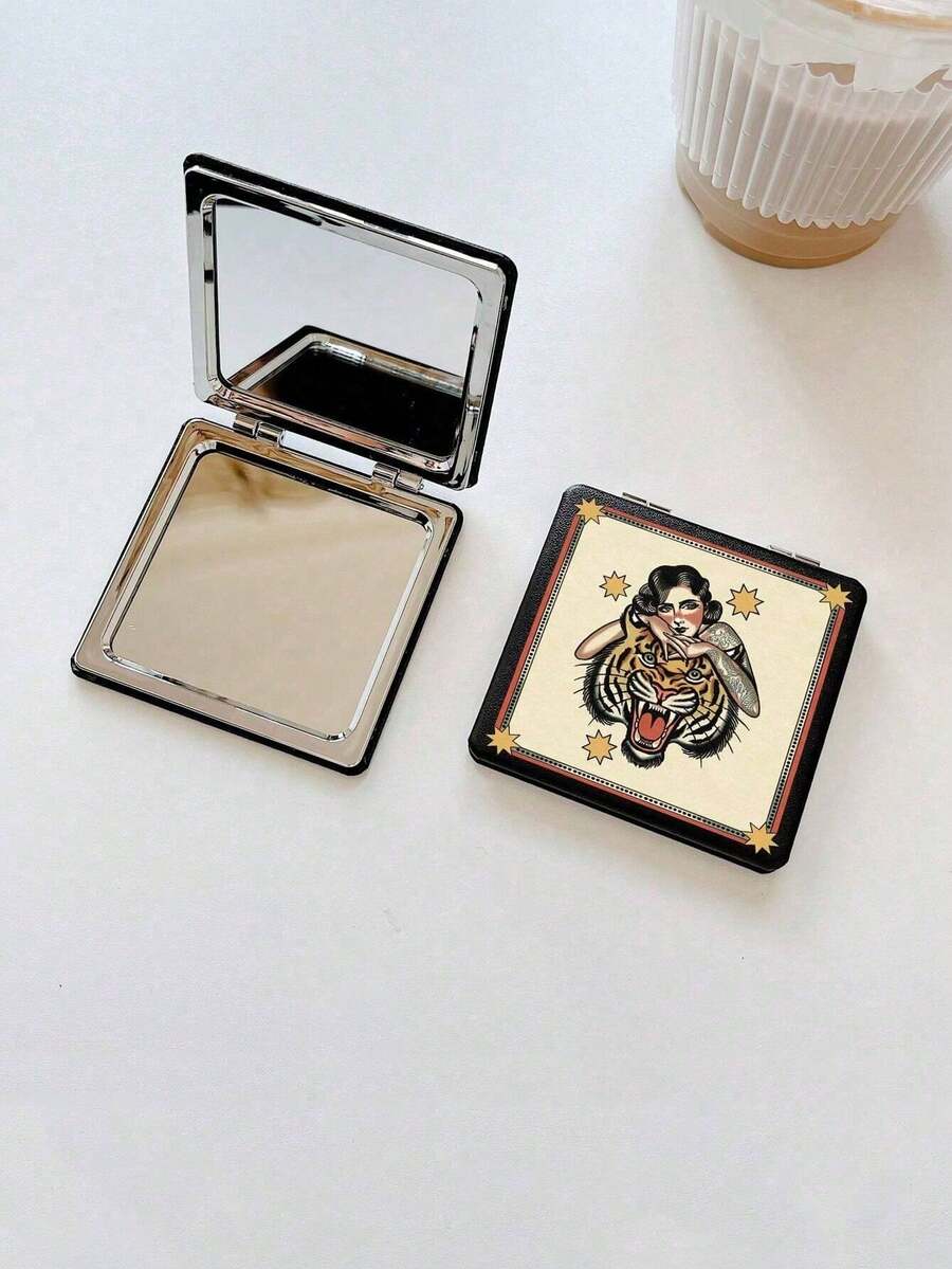 Wild Love Artist Y2K Tiger Head & Human Portrait Printed Folding Square Mirror, Holiday - 彩色 - 查看 1