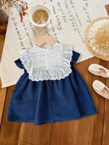 Baby Girls' Summer Lace Collar Dress, Cute White Hollow Lace Collar, Navy Blue Skirt, Blue Bow Decor, Princess Style, Comfortable & Skin-Friendly, Fashionable Outfit For Baby Girls - Blue - View 2