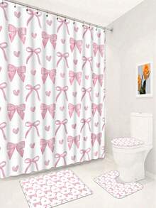 1/4 件套可爱粉色蝴蝶结浴帘,现代时尚浴室帘套装,包含防水浴帘、防滑地垫、马桶盖套、浴垫和 12 个塑料挂钩,可机洗,提花编织防水涤纶面料 - A - 查看 21