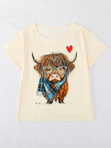 3pcs/Set Breathable Short Sleeve, Women's Pajama Set, Shorts & Long Pants, Round Neck Short Sleeve. Suitable For Summer & All Seasons, Comfortable Loose Fit, Vacation, Holiday Party, Beach Outfit, Can Be Worn Outdoors, Plaid Scarf Highland Cow Print Pattern - Apricot - View 4