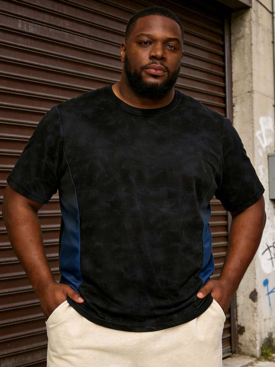 Men's Plus Size Sport T-Shirt, Gradient Round Neck Design, Summer Plus Size Short Sleeve, Early Arrival For Spring And Summer - Blue - View 1