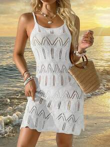 女士夏季波西米亚风沙滩度假连衣裙，撞色镂空针织吊带连衣裙 白色 - 白色 - 查看 3