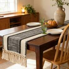 Black Striped Table Runner, Dual-Color Woven Tassel Table Runner, Rustic Style Woven, Suitable For Home And Dining Table Decor - Multicolor - View 1