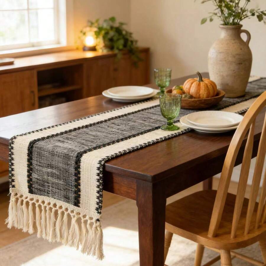 Black Striped Table Runner, Dual-Color Woven Tassel Table Runner, Rustic Style Woven, Suitable For Home And Dining Table Decor - Multicolor - View 1