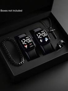 5件套男童时尚简约LED心形数字显示电子手表，适合男孩佩戴，配有时尚手链、项链和戒指套装，是送给男孩、学生的完美生日/节日礼物，非常适合上学、聚会、旅行和日常生活。毕业季、斋月、情人节也是送给男孩的完美礼物。 - 彩色 - 查看 11
