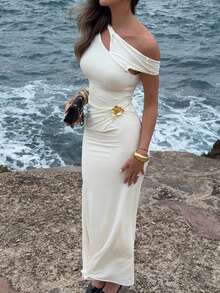 女士优雅性感扭结镂空不对称露背连衣裙 - 杏色 - 查看 1